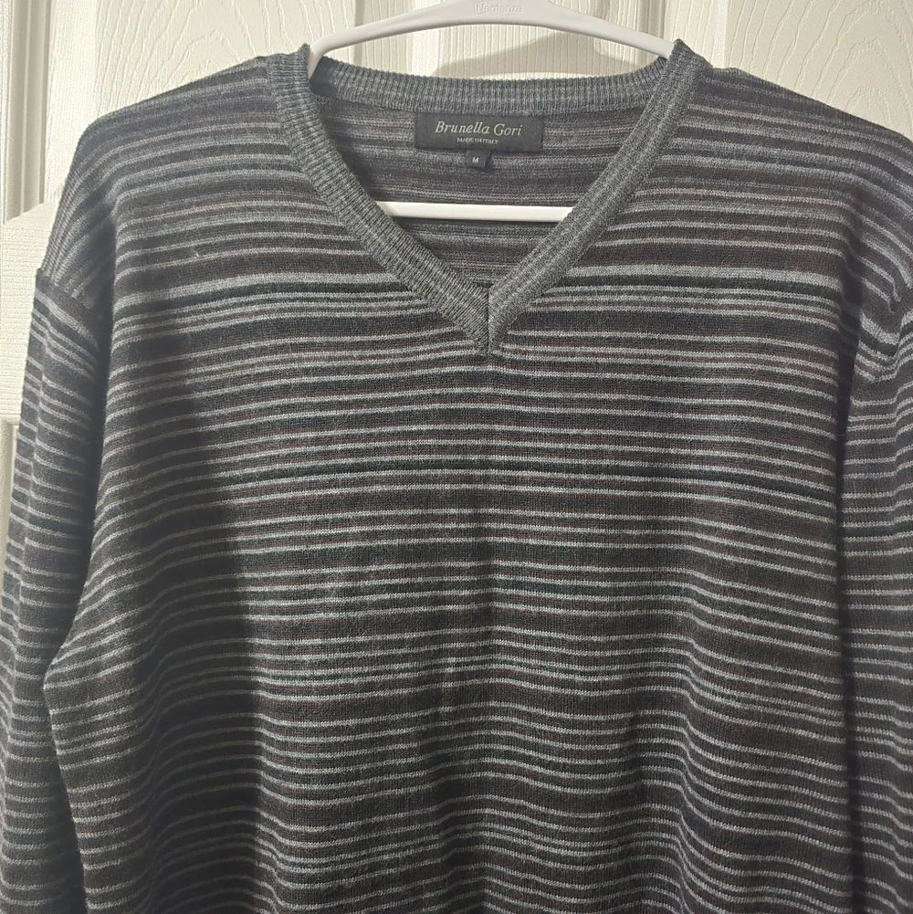 Extra Fine Merino Wool Striped V-Neck Sweater by Brunella Gori, Tailored Fit.